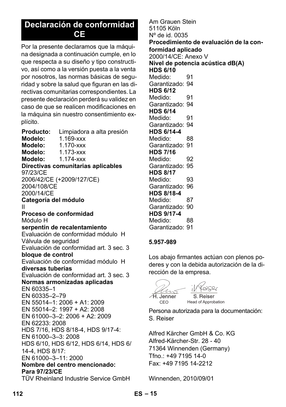 Declaración de conformidad ce | Karcher HDS 8-17 CX User Manual | Page 112 / 500