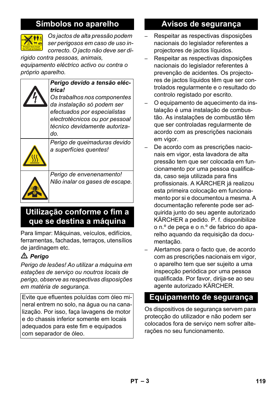 Símbolos no aparelho, Avisos de segurança equipamento de segurança | Karcher HDS 8-17 CX User Manual | Page 119 / 500