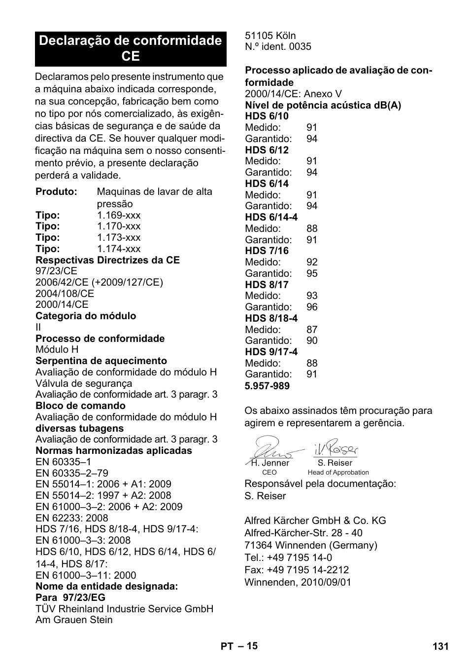 Declaração de conformidade ce | Karcher HDS 8-17 CX User Manual | Page 131 / 500