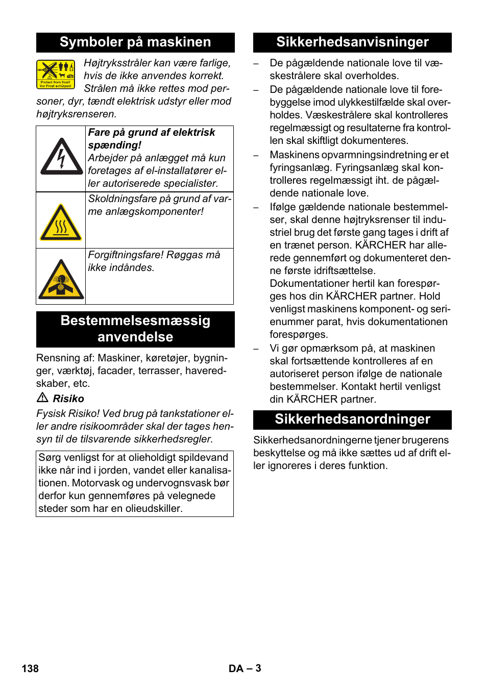 Symboler på maskinen, Bestemmelsesmæssig anvendelse, Sikkerhedsanvisninger sikkerhedsanordninger | Karcher HDS 8-17 CX User Manual | Page 138 / 500