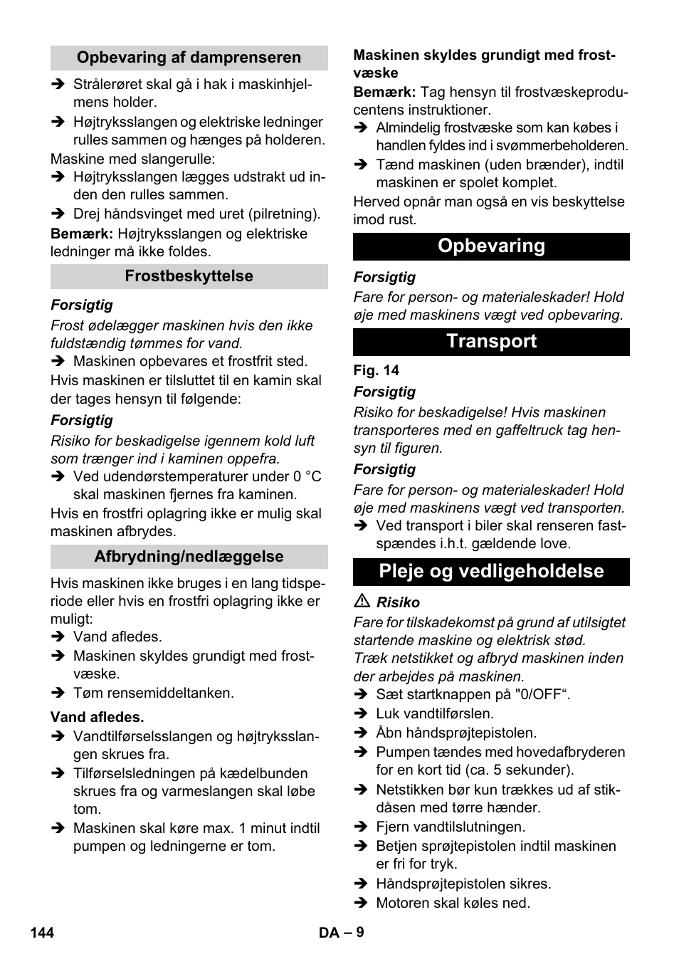 Opbevaring transport pleje og vedligeholdelse | Karcher HDS 8-17 CX User Manual | Page 144 / 500
