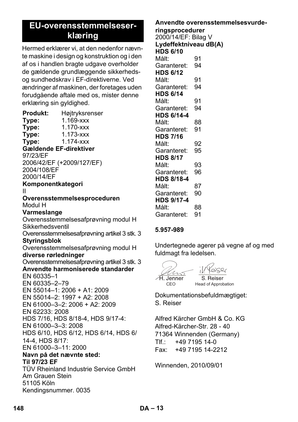 Eu-overensstemmelseser- klæring | Karcher HDS 8-17 CX User Manual | Page 148 / 500