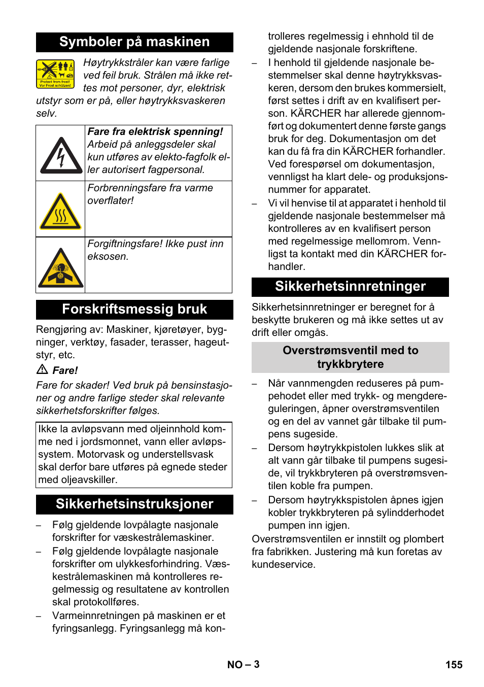 Symboler på maskinen, Forskriftsmessig bruk, Sikkerhetsinstruksjoner sikkerhetsinnretninger | Karcher HDS 8-17 CX User Manual | Page 155 / 500