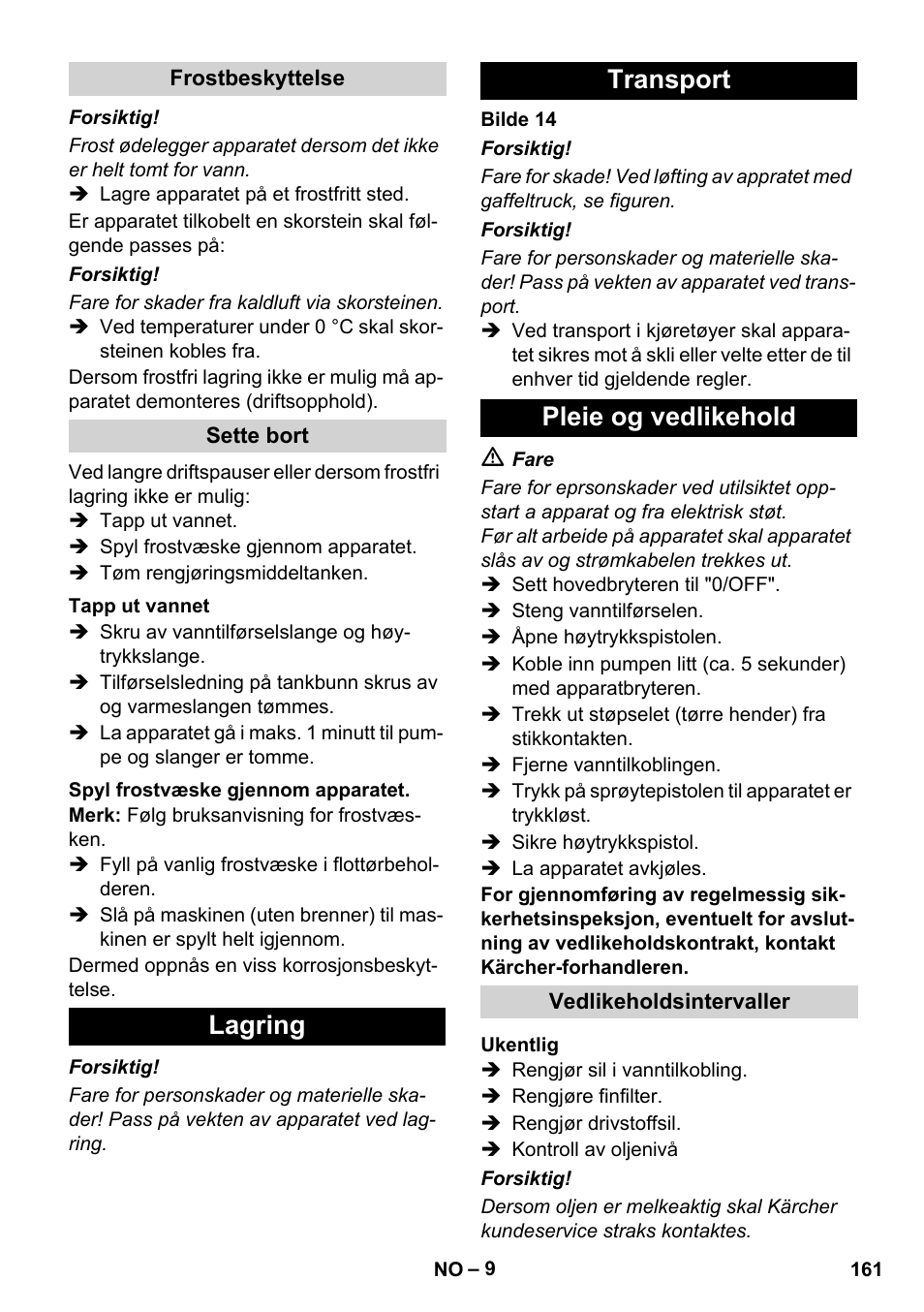 Lagring transport pleie og vedlikehold | Karcher HDS 8-17 CX User Manual | Page 161 / 500