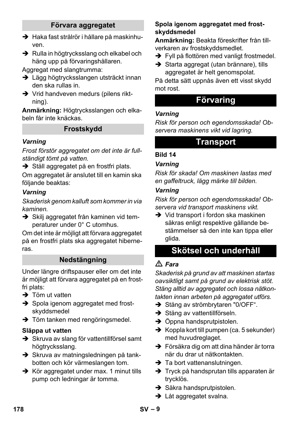 Förvaring transport skötsel och underhåll | Karcher HDS 8-17 CX User Manual | Page 178 / 500