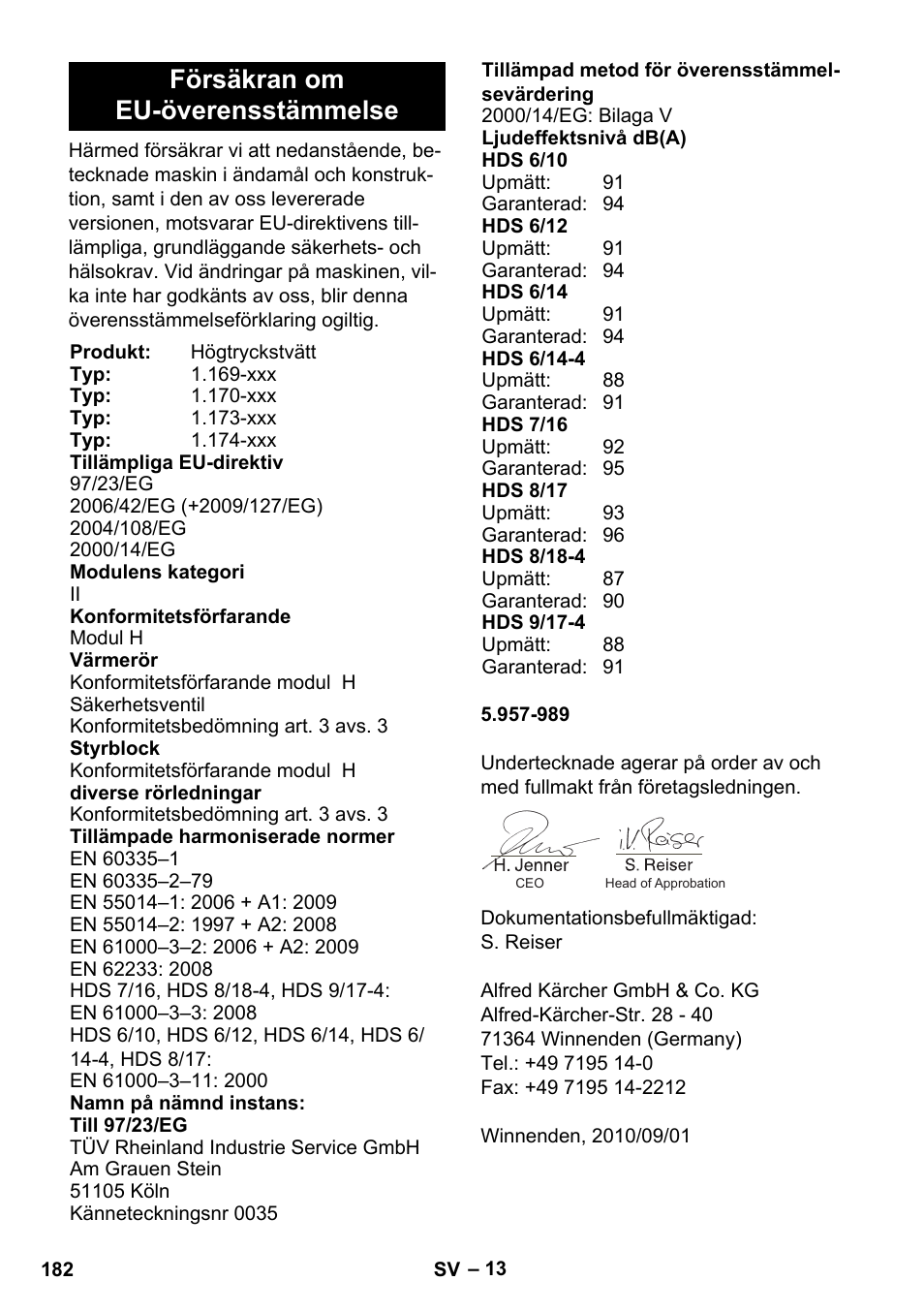 Försäkran om eu-överensstämmelse | Karcher HDS 8-17 CX User Manual | Page 182 / 500