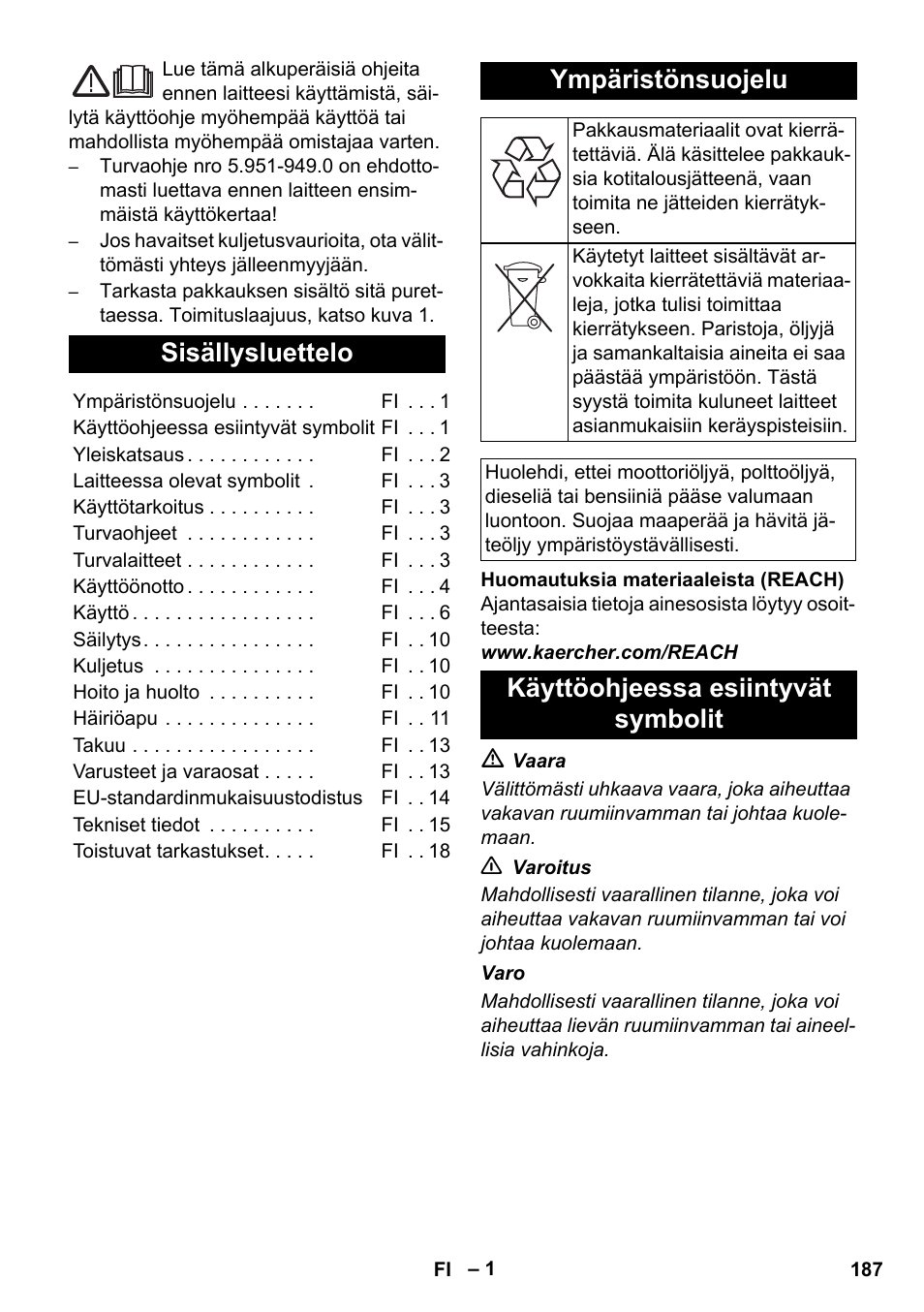 Suomi, Sisällysluettelo, Ympäristönsuojelu | Käyttöohjeessa esiintyvät symbolit | Karcher HDS 8-17 CX User Manual | Page 187 / 500
