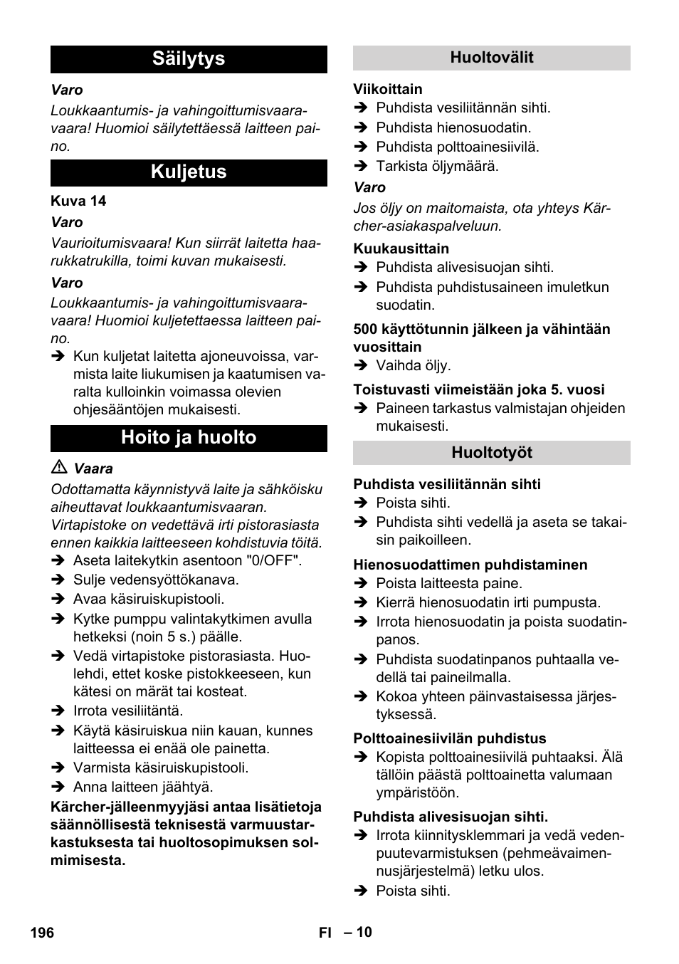 Säilytys kuljetus hoito ja huolto | Karcher HDS 8-17 CX User Manual | Page 196 / 500