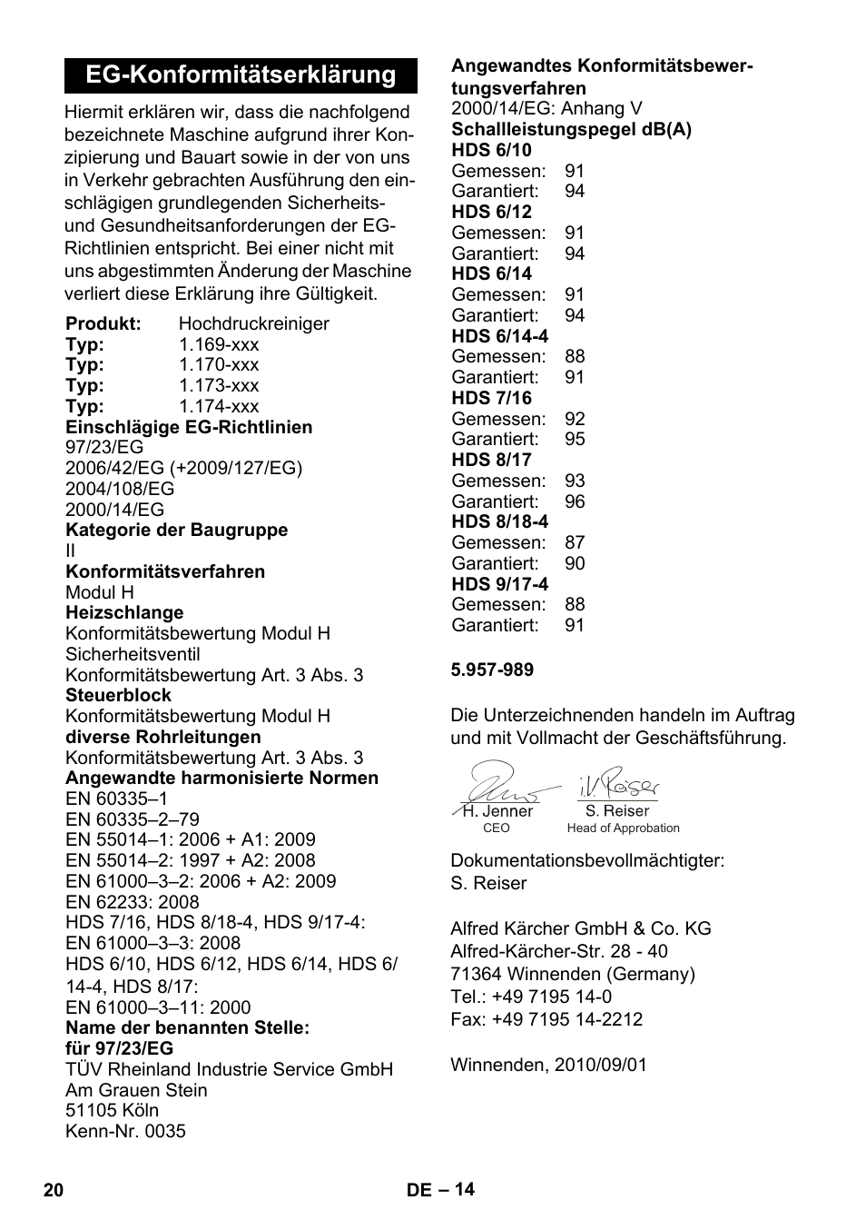 Eg-konformitätserklärung | Karcher HDS 8-17 CX User Manual | Page 20 / 500