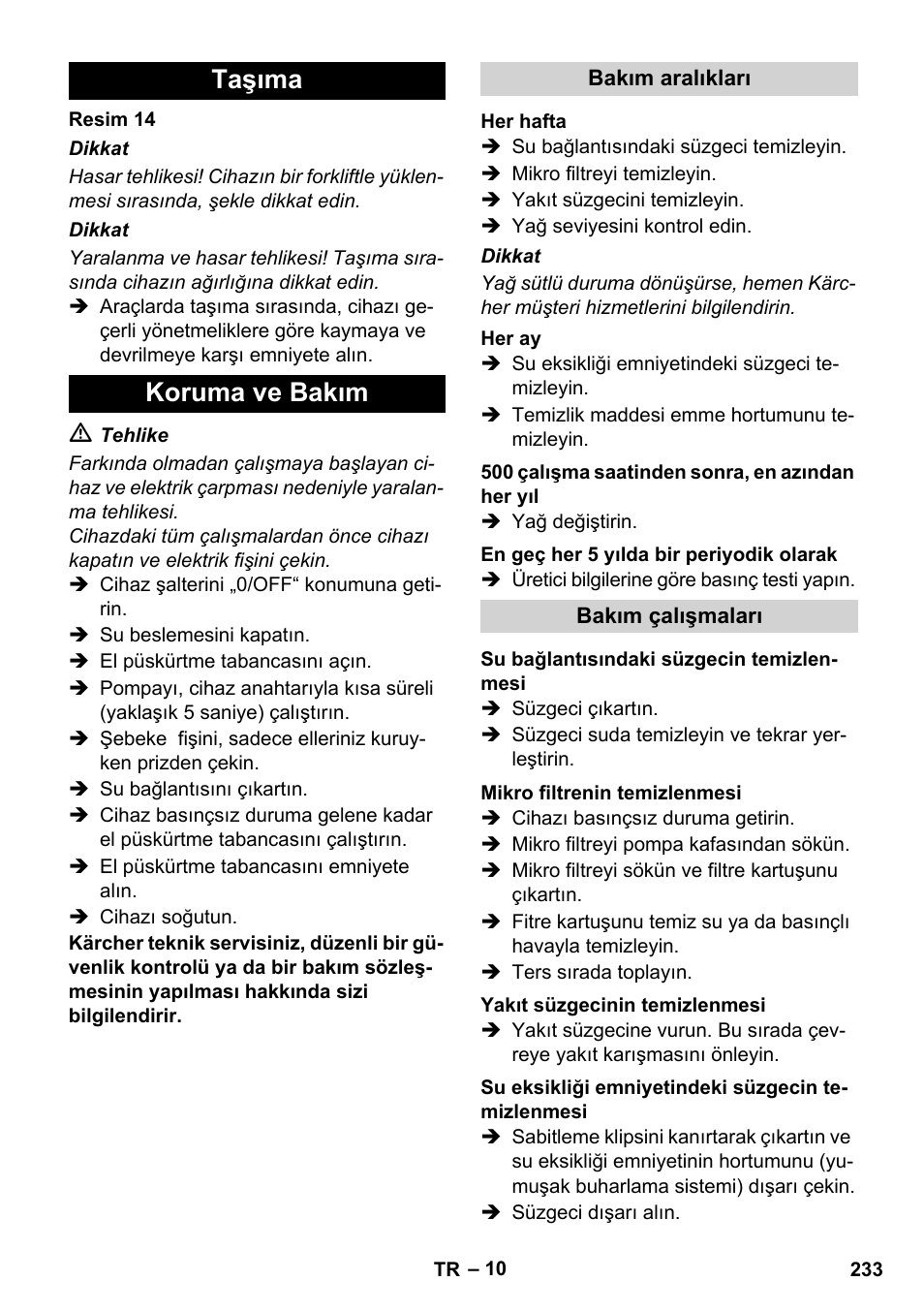 Taşıma koruma ve bakım | Karcher HDS 8-17 CX User Manual | Page 233 / 500