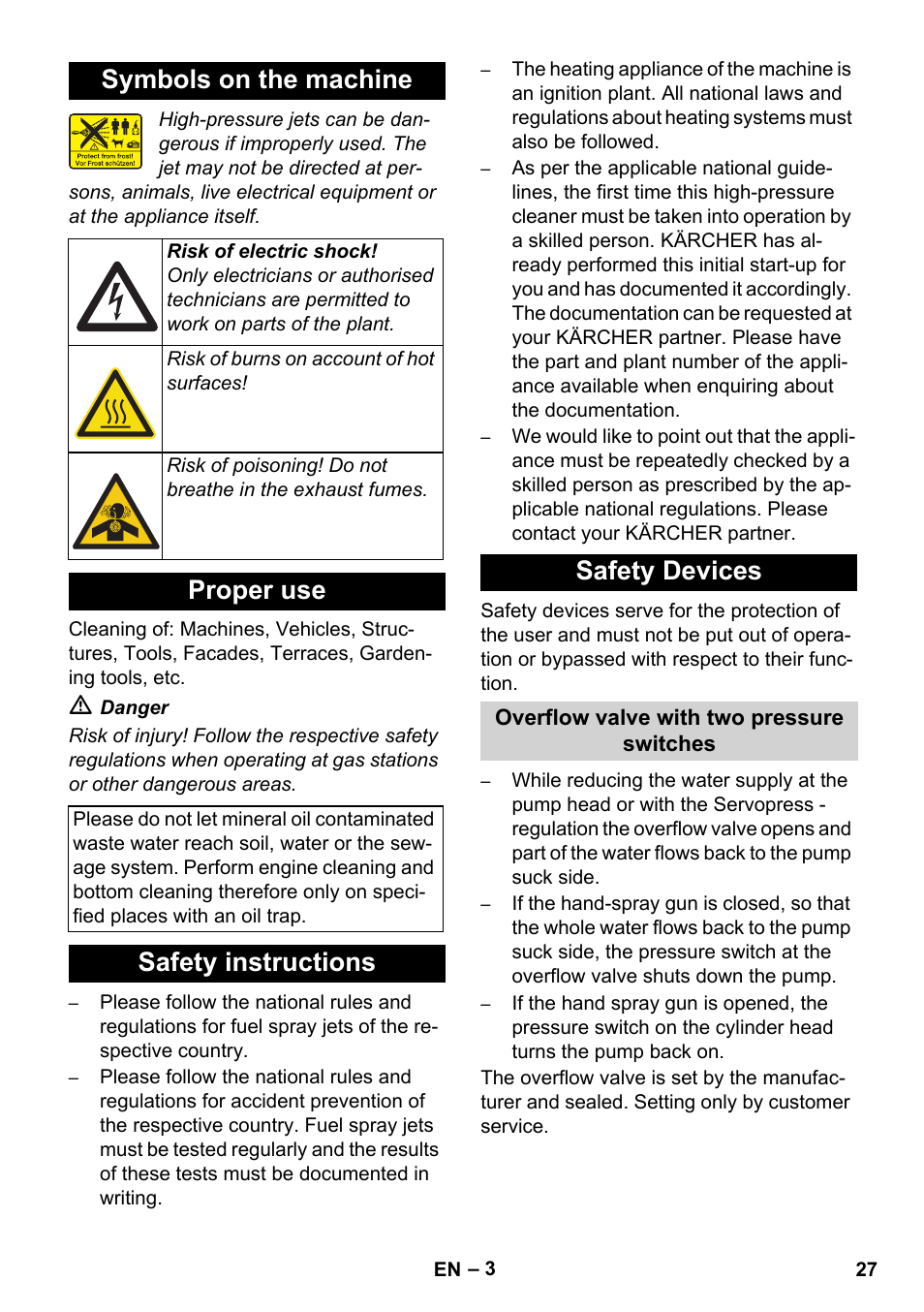 Symbols on the machine, Proper use, Safety instructions safety devices | Karcher HDS 8-17 CX User Manual | Page 27 / 500