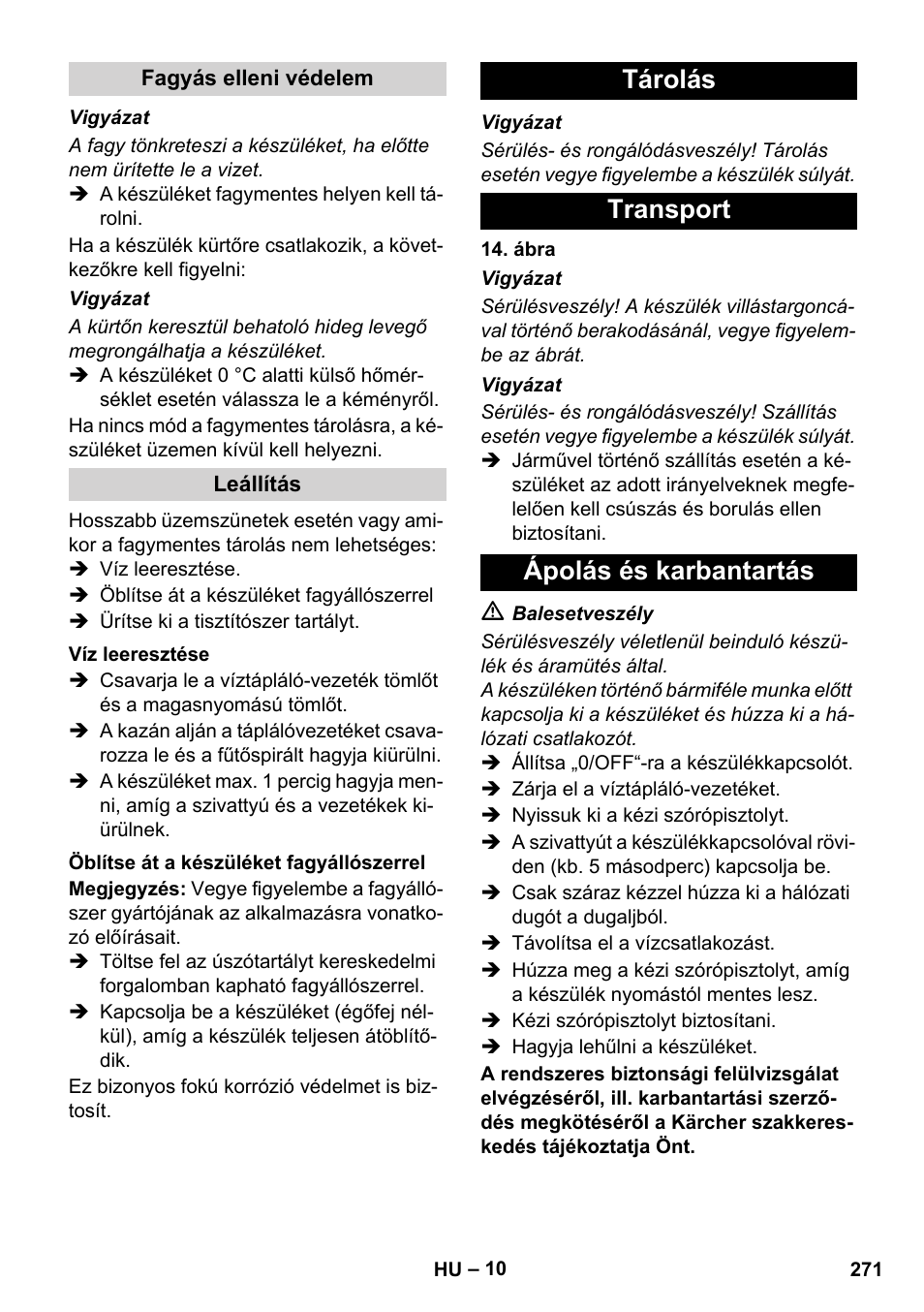 Tárolás transport ápolás és karbantartás | Karcher HDS 8-17 CX User Manual | Page 271 / 500