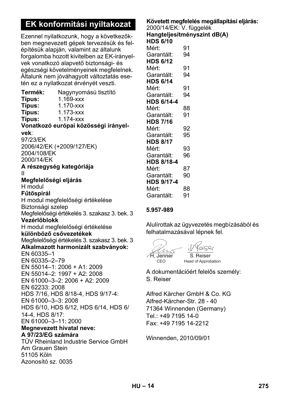 Ek konformitási nyiltakozat | Karcher HDS 8-17 CX User Manual | Page 275 / 500