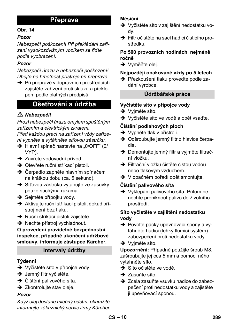 Přeprava ošetřování a údržba | Karcher HDS 8-17 CX User Manual | Page 289 / 500