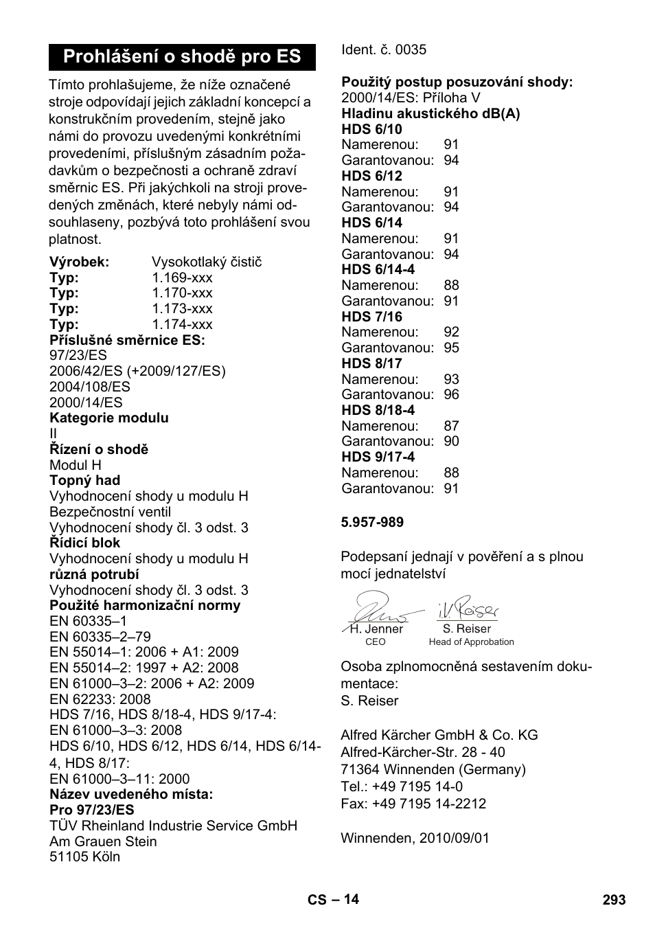 Prohlášení o shodě pro es | Karcher HDS 8-17 CX User Manual | Page 293 / 500