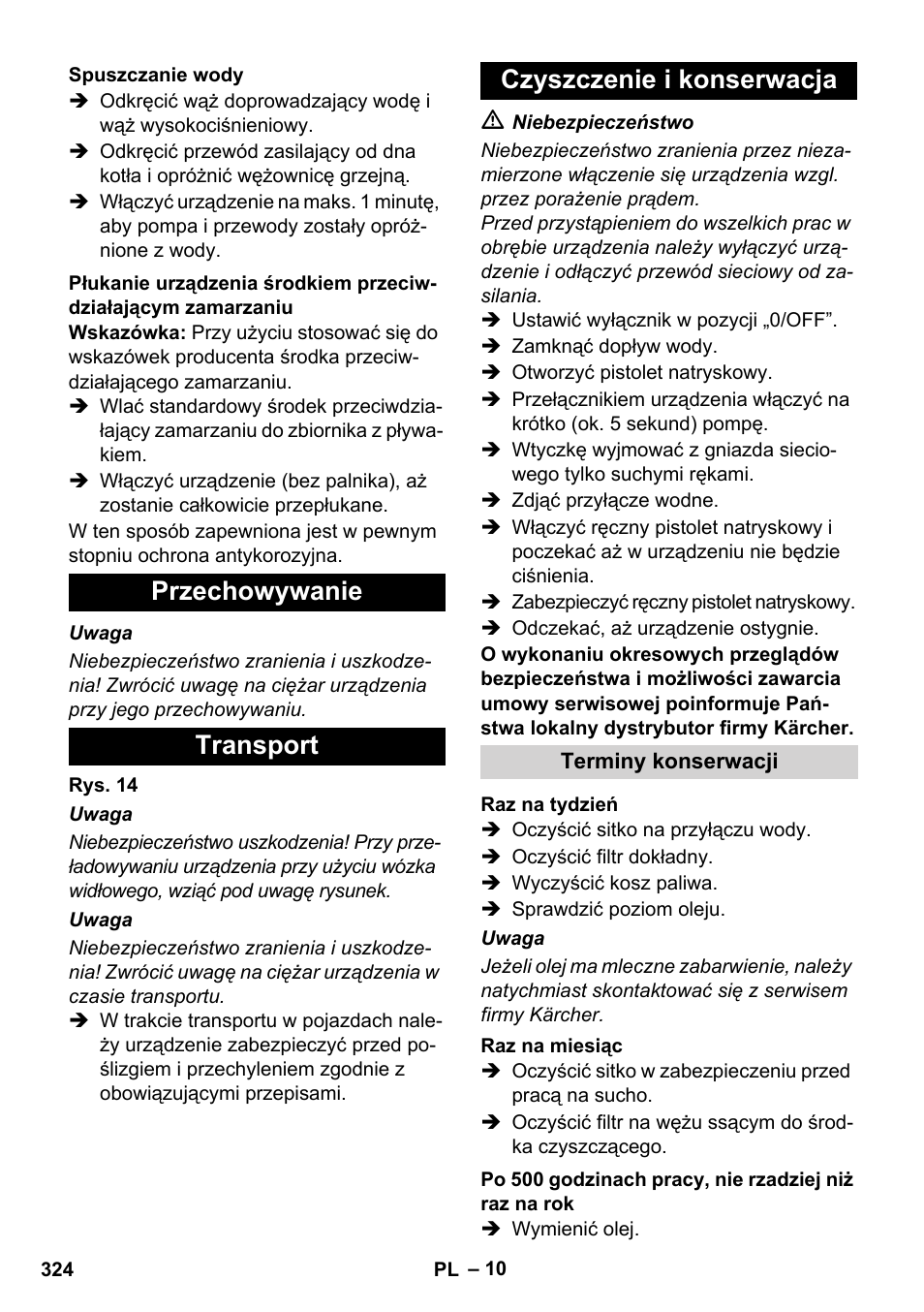 Przechowywanie transport czyszczenie i konserwacja | Karcher HDS 8-17 CX User Manual | Page 324 / 500