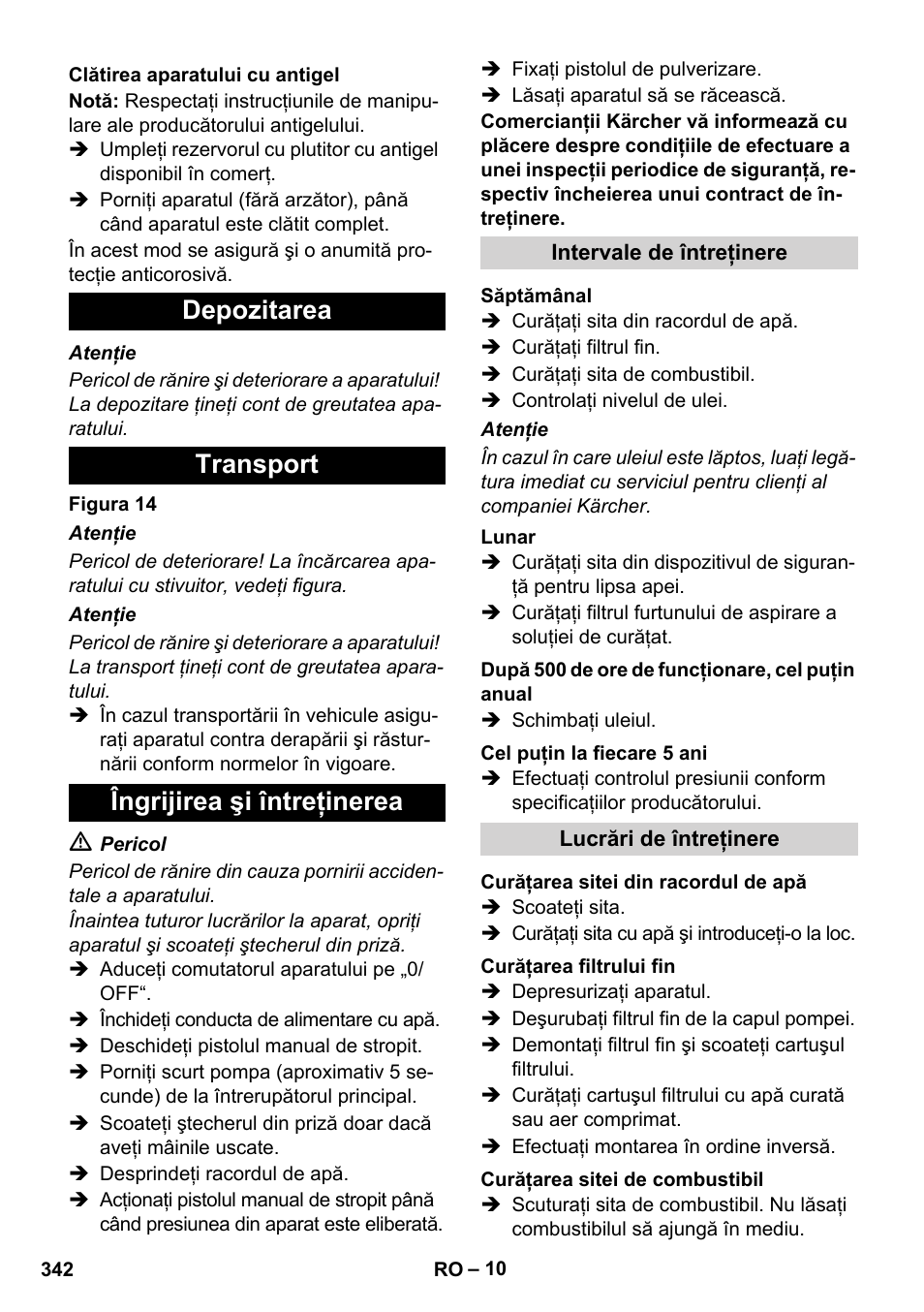 Depozitarea transport îngrijirea şi întreţinerea | Karcher HDS 8-17 CX User Manual | Page 342 / 500
