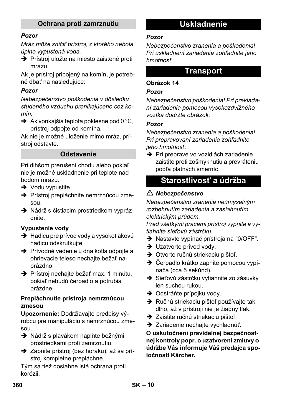 Uskladnenie transport starostlivosť a údržba | Karcher HDS 8-17 CX User Manual | Page 360 / 500