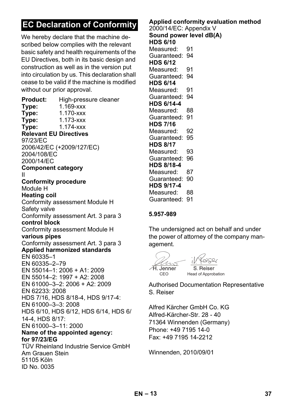 Ec declaration of conformity | Karcher HDS 8-17 CX User Manual | Page 37 / 500