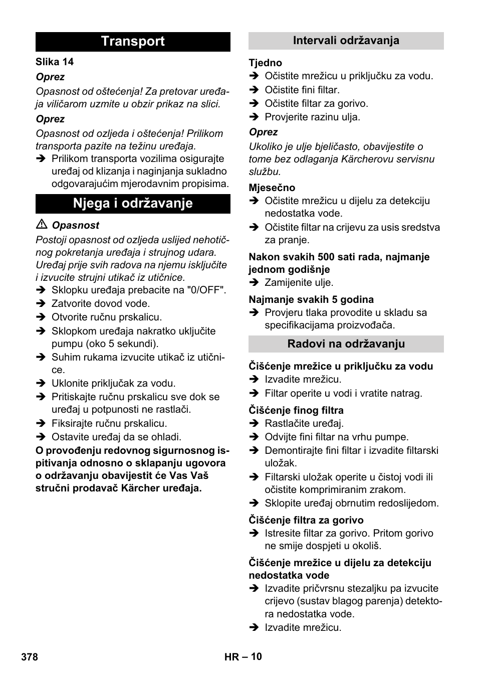 Transport njega i održavanje | Karcher HDS 8-17 CX User Manual | Page 378 / 500