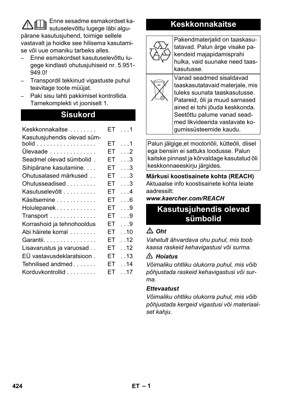 Eesti, Sisukord, Keskkonnakaitse | Kasutusjuhendis olevad sümbolid | Karcher HDS 8-17 CX User Manual | Page 424 / 500