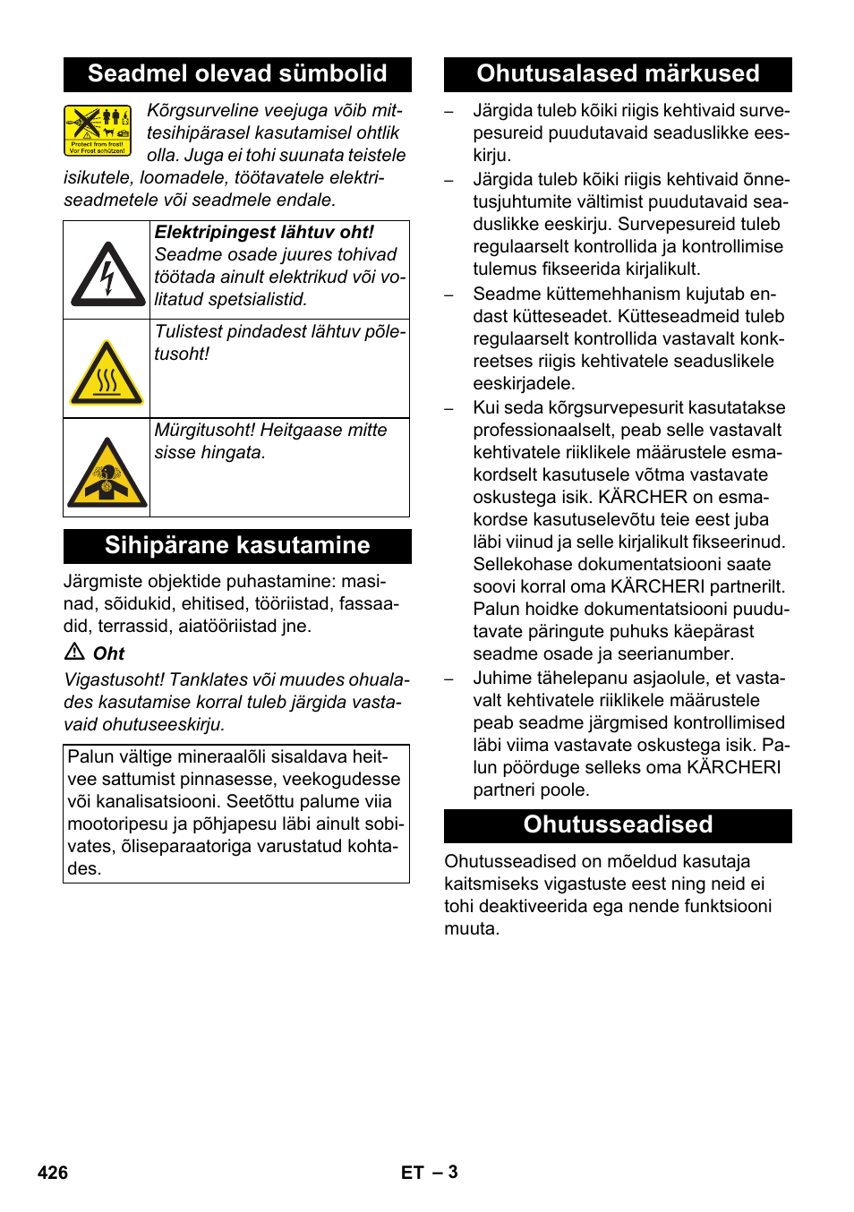 Seadmel olevad sümbolid, Sihipärane kasutamine, Ohutusalased märkused ohutusseadised | Karcher HDS 8-17 CX User Manual | Page 426 / 500