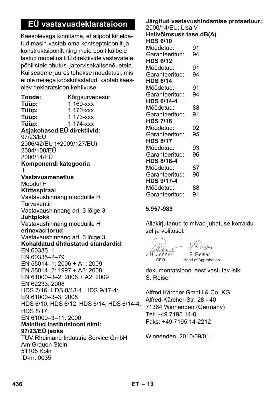 Eü vastavusdeklaratsioon | Karcher HDS 8-17 CX User Manual | Page 436 / 500