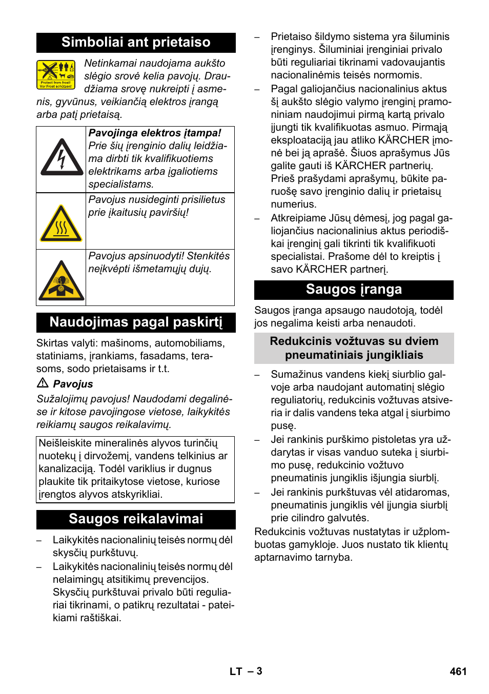 Simboliai ant prietaiso, Naudojimas pagal paskirtį, Saugos reikalavimai saugos įranga | Karcher HDS 8-17 CX User Manual | Page 461 / 500