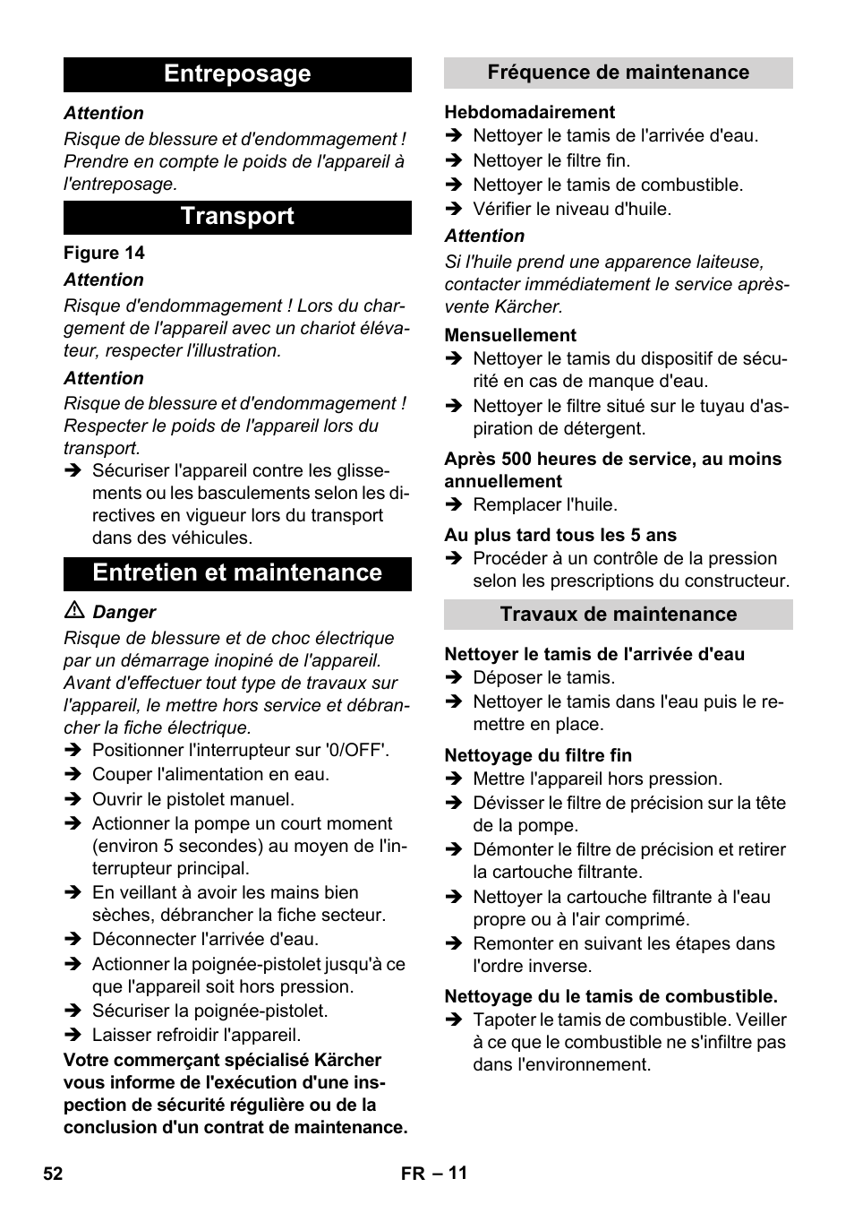 Entreposage transport entretien et maintenance | Karcher HDS 8-17 CX User Manual | Page 52 / 500