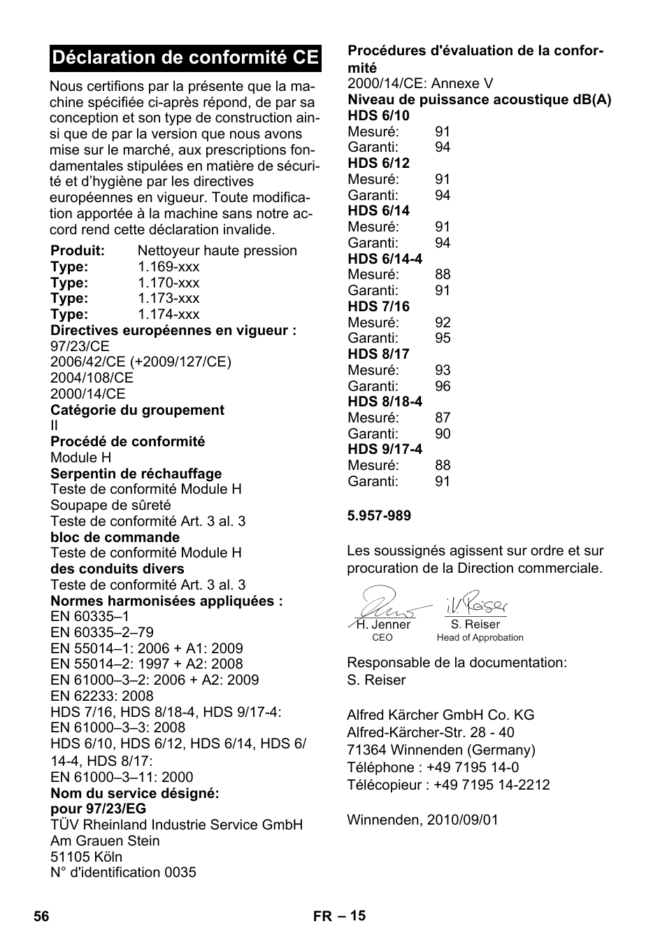 Déclaration de conformité ce | Karcher HDS 8-17 CX User Manual | Page 56 / 500