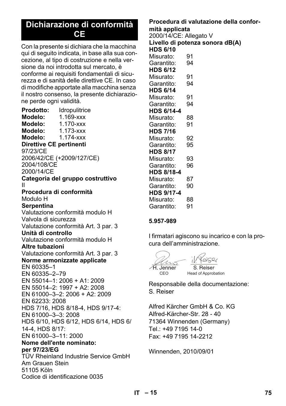 Dichiarazione di conformità ce | Karcher HDS 8-17 CX User Manual | Page 75 / 500