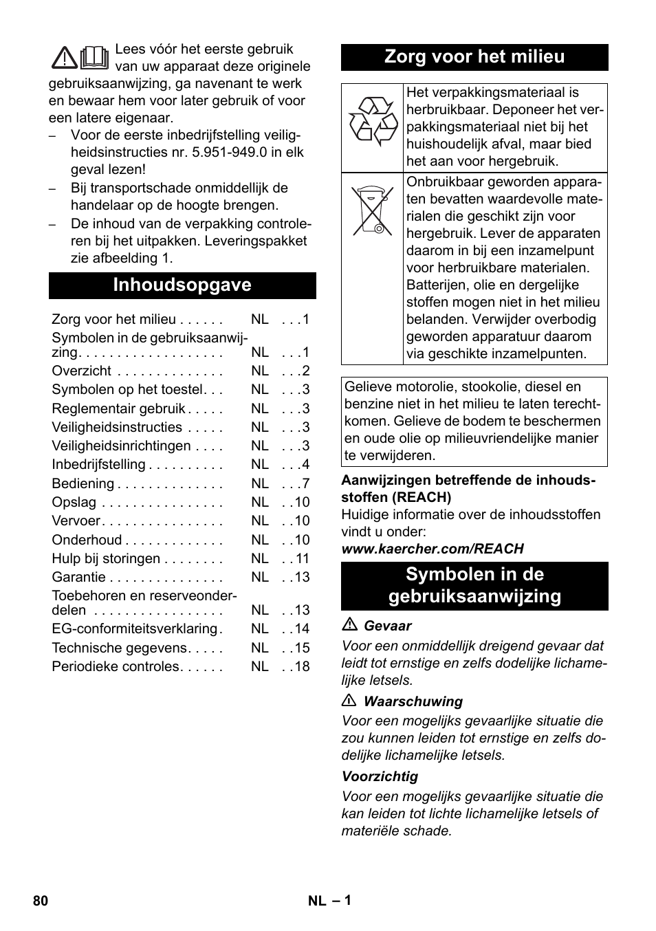 Nederlands, Inhoudsopgave, Zorg voor het milieu | Symbolen in de gebruiksaanwijzing | Karcher HDS 8-17 CX User Manual | Page 80 / 500