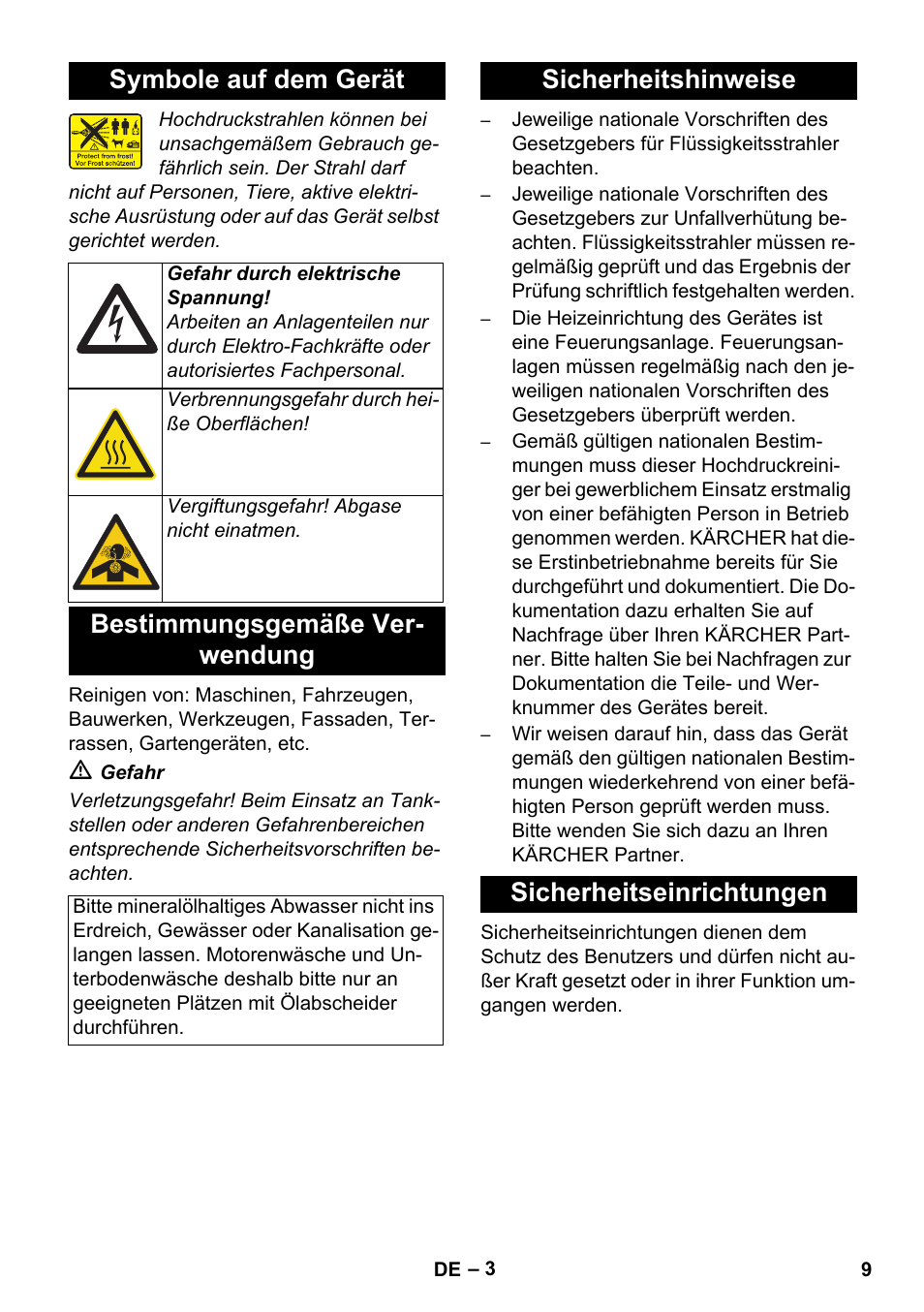 Symbole auf dem gerät, Bestimmungsgemäße ver- wendung, Sicherheitshinweise sicherheitseinrichtungen | Karcher HDS 8-17 CX User Manual | Page 9 / 500