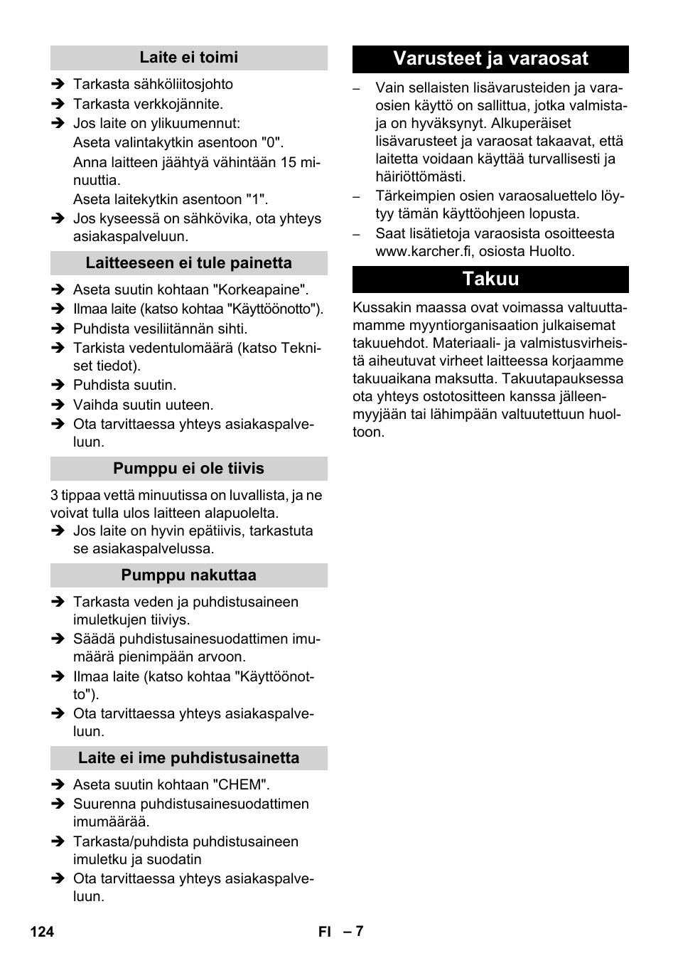 Varusteet ja varaosat takuu | Karcher HD 5-12 C User Manual | Page 124 / 340