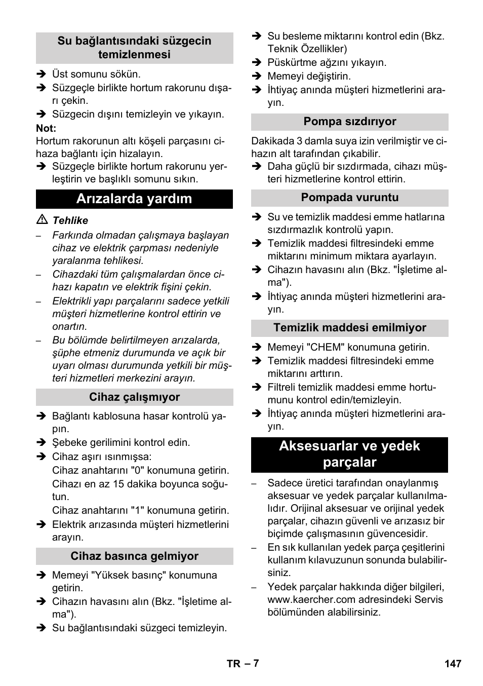 Arızalarda yardım, Aksesuarlar ve yedek parçalar | Karcher HD 5-12 C User Manual | Page 147 / 340