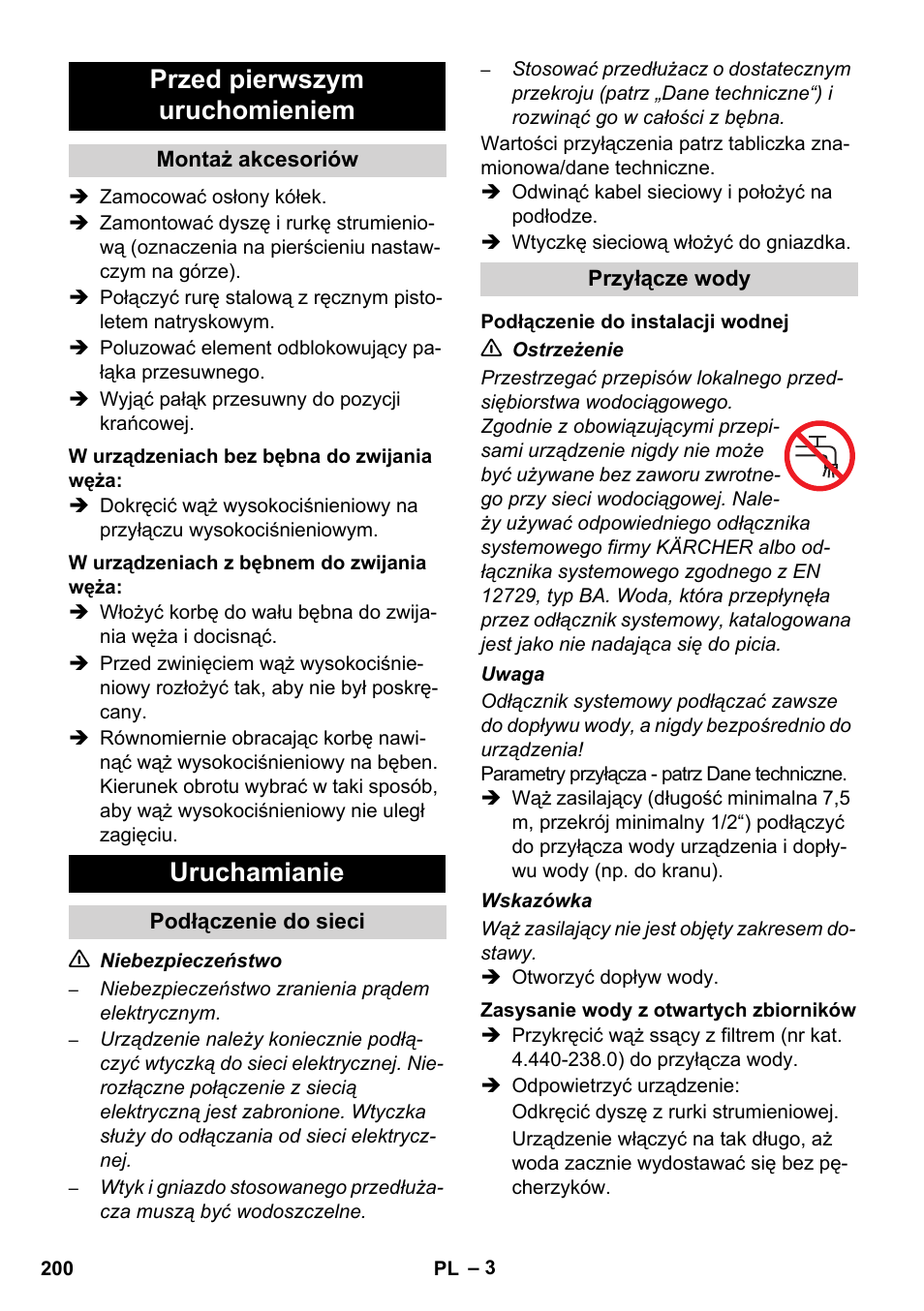 Przed pierwszym uruchomieniem, Uruchamianie | Karcher HD 5-12 C User Manual | Page 200 / 340