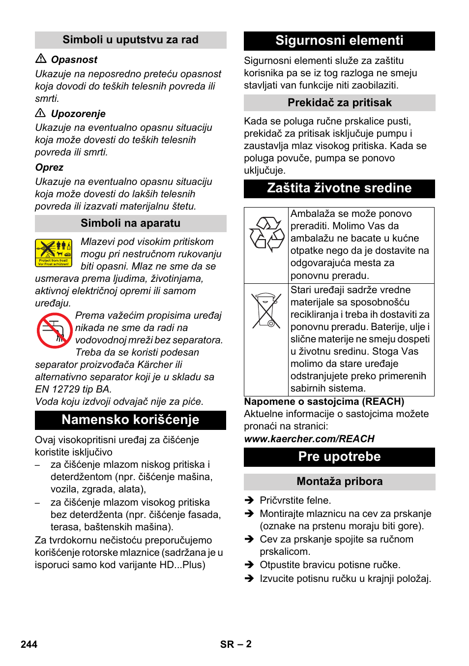 Namensko korišćenje sigurnosni elementi, Zaštita životne sredine, Pre upotrebe | Karcher HD 5-12 C User Manual | Page 244 / 340