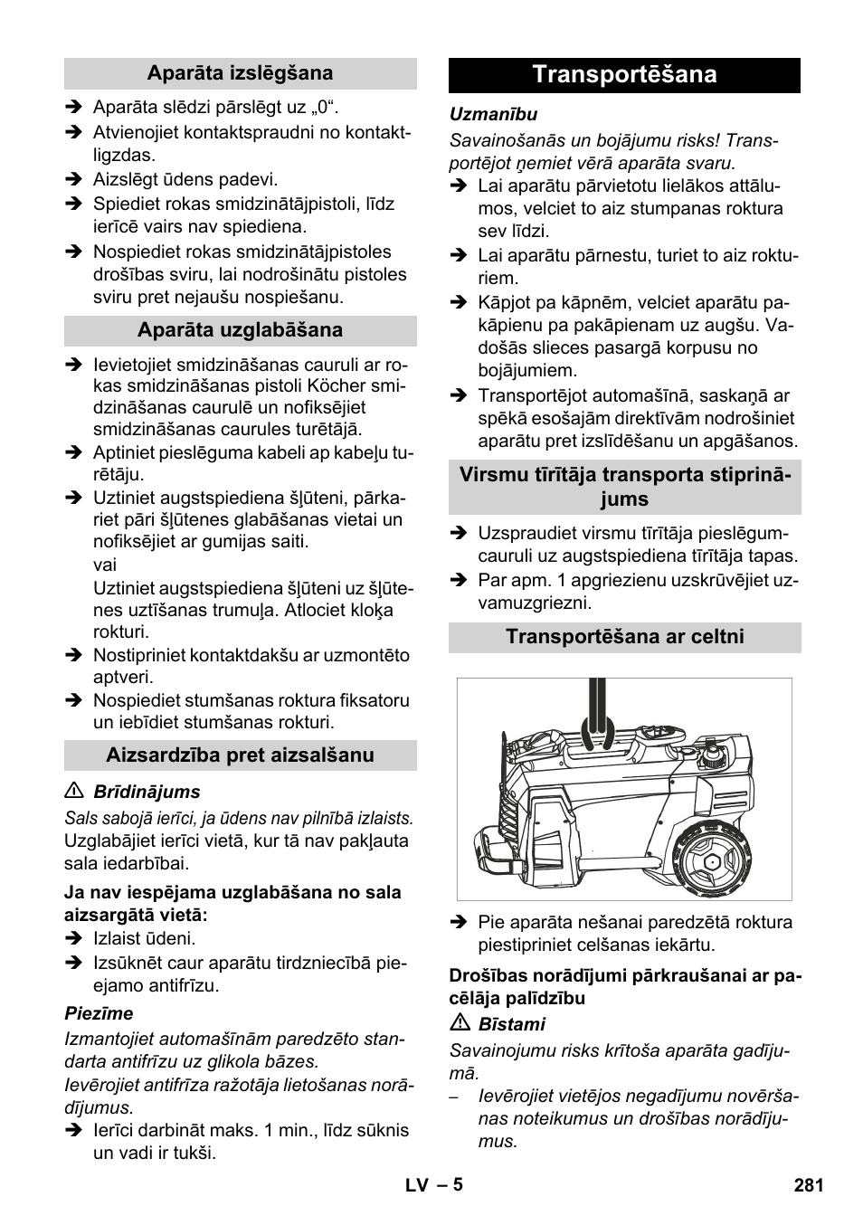 Transportēšana | Karcher HD 5-12 C User Manual | Page 281 / 340
