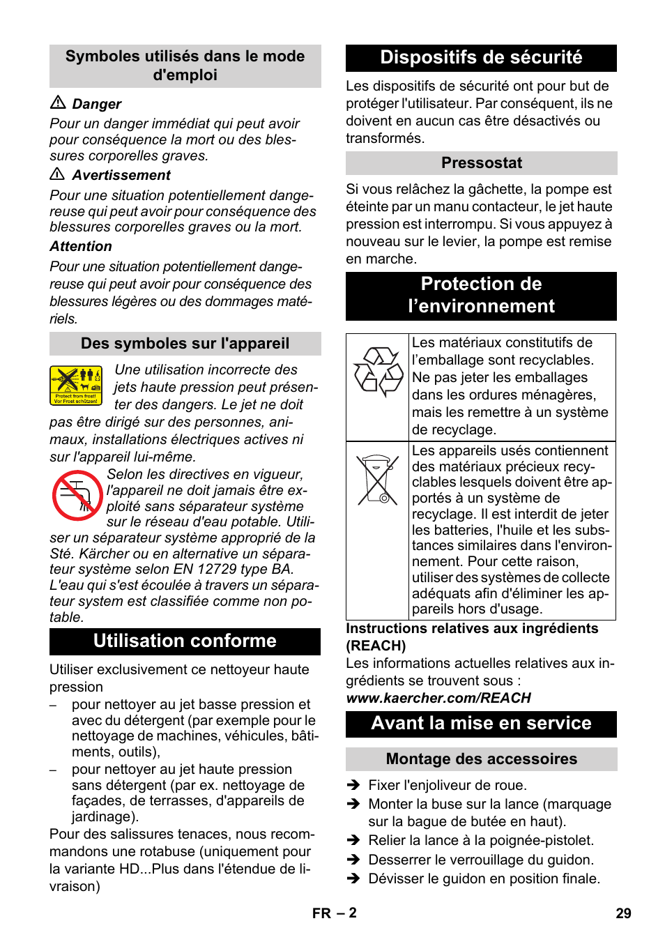 Utilisation conforme dispositifs de sécurité, Protection de l’environnement, Avant la mise en service | Karcher HD 5-12 C User Manual | Page 29 / 340