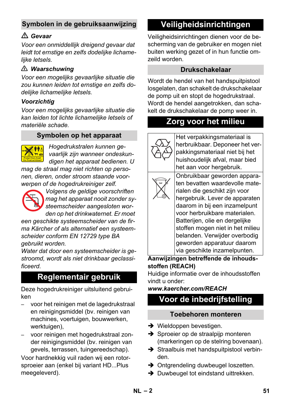 Reglementair gebruik veiligheidsinrichtingen, Zorg voor het milieu, Voor de inbedrijfstelling | Karcher HD 5-12 C User Manual | Page 51 / 340