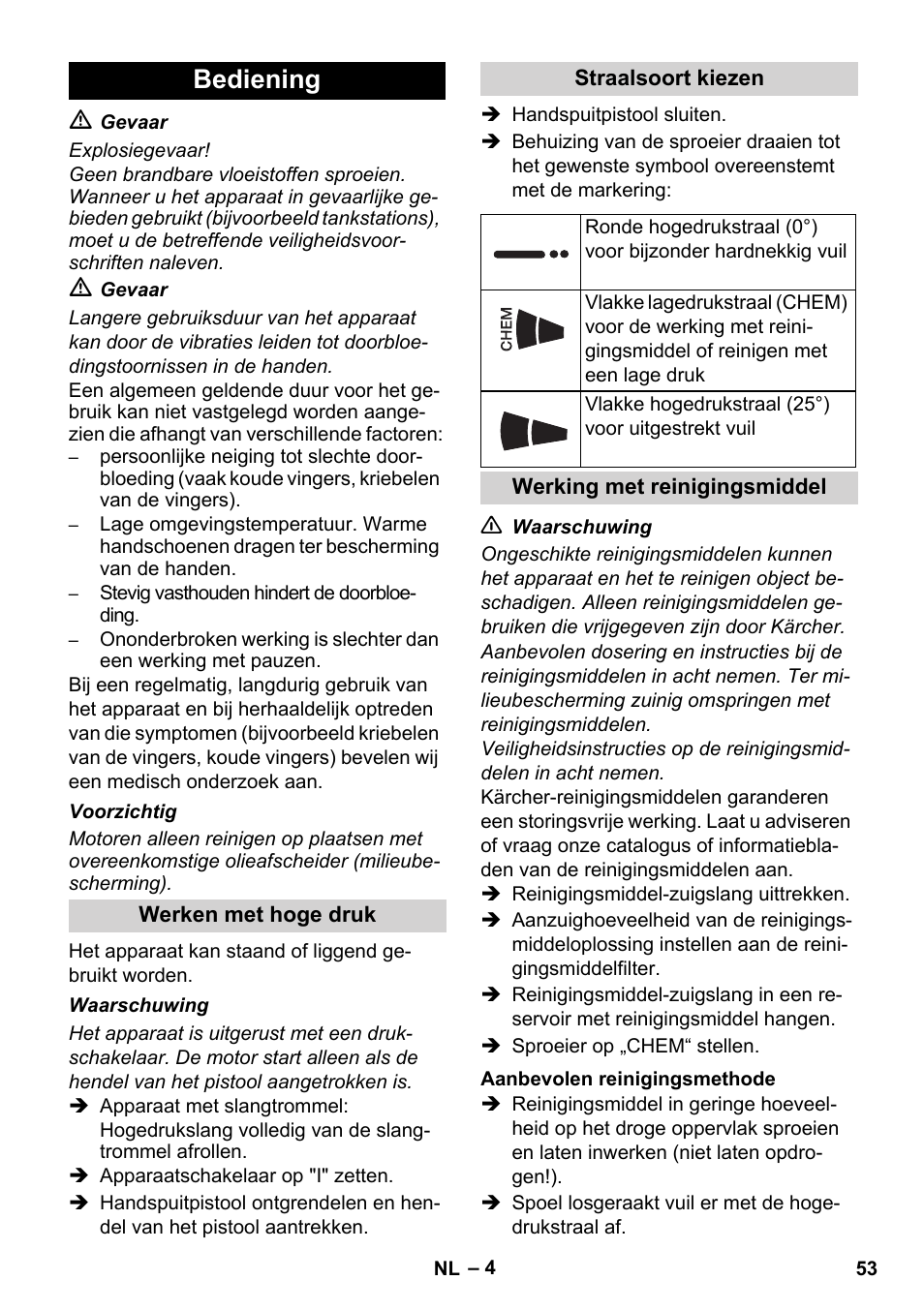 Bediening | Karcher HD 5-12 C User Manual | Page 53 / 340