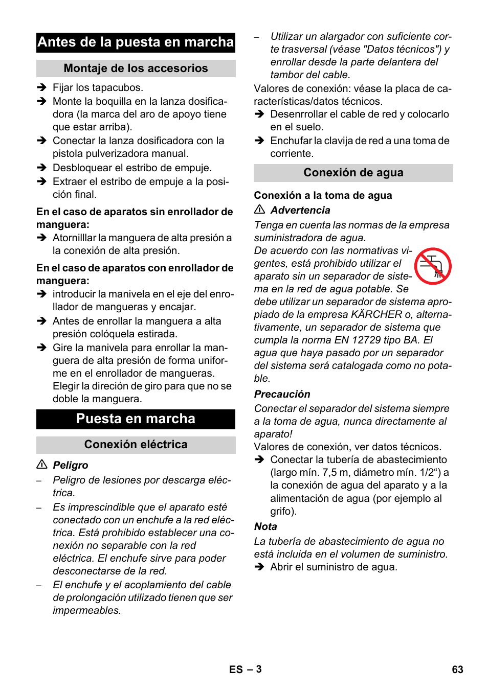 Antes de la puesta en marcha, Puesta en marcha | Karcher HD 5-12 C User Manual | Page 63 / 340