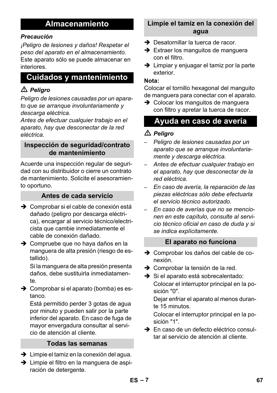 Almacenamiento cuidados y mantenimiento, Ayuda en caso de avería | Karcher HD 5-12 C User Manual | Page 67 / 340