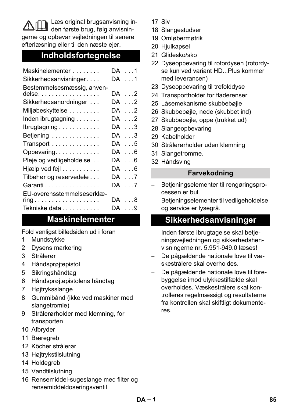 Dansk, Indholdsfortegnelse, Maskinelementer | Sikkerhedsanvisninger | Karcher HD 5-12 C User Manual | Page 85 / 340