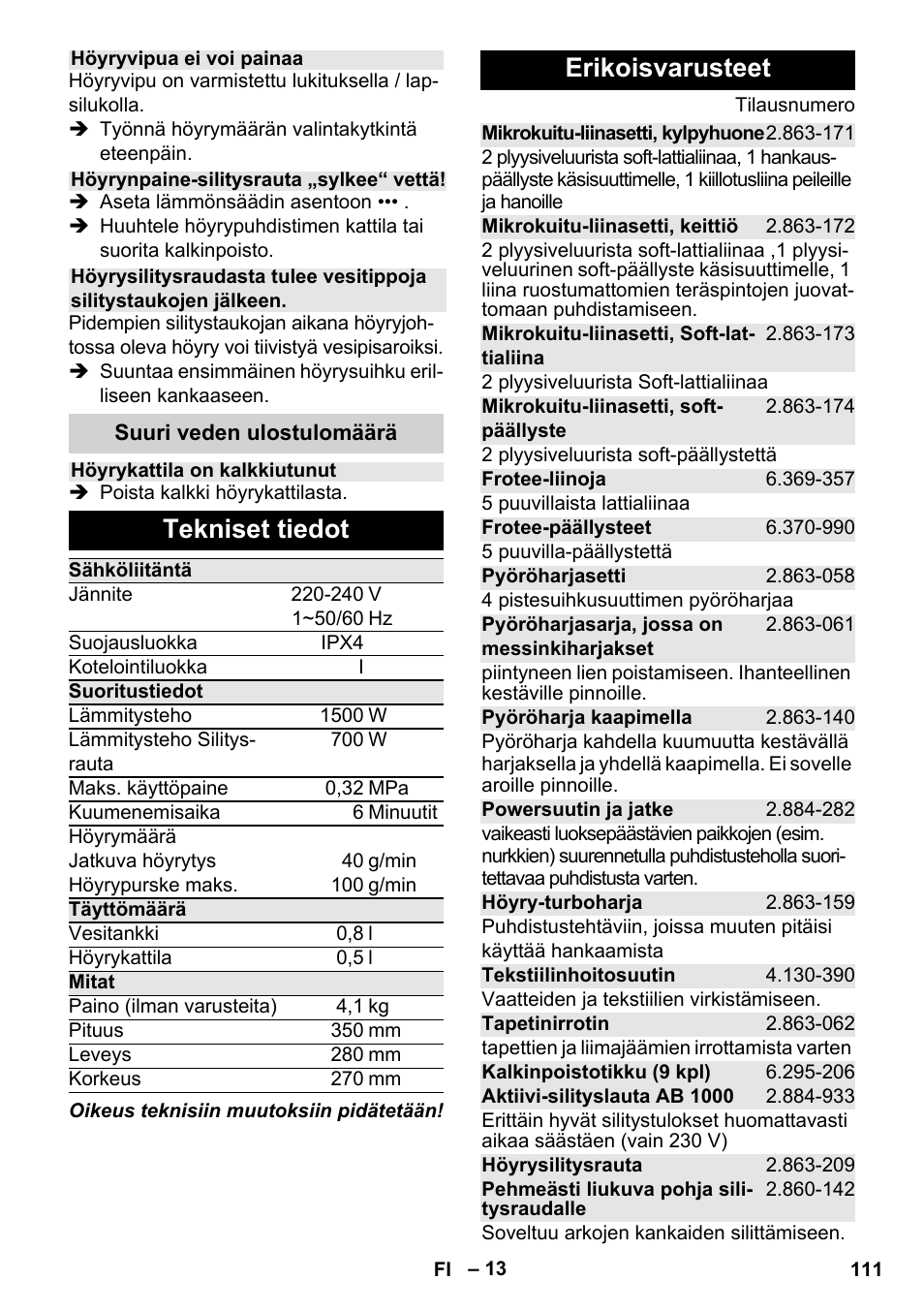 Tekniset tiedot, Erikoisvarusteet | Karcher Stirerie SI 2-600 CB User Manual | Page 111 / 298