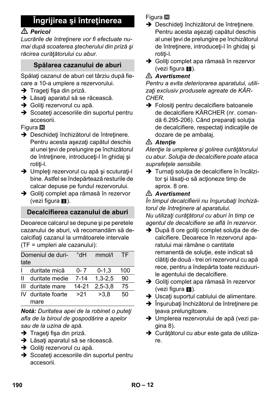 Îngrijirea şi întreţinerea | Karcher Stirerie SI 2-600 CB User Manual | Page 190 / 298