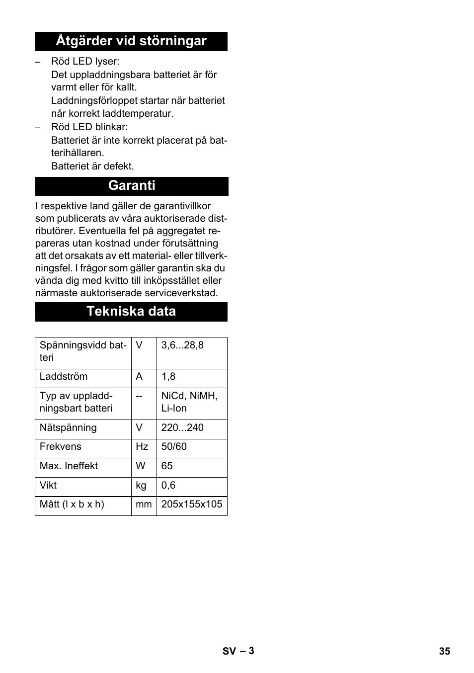 Åtgärder vid störningar garanti tekniska data | Karcher KM 35-5 C User Manual | Page 35 / 84