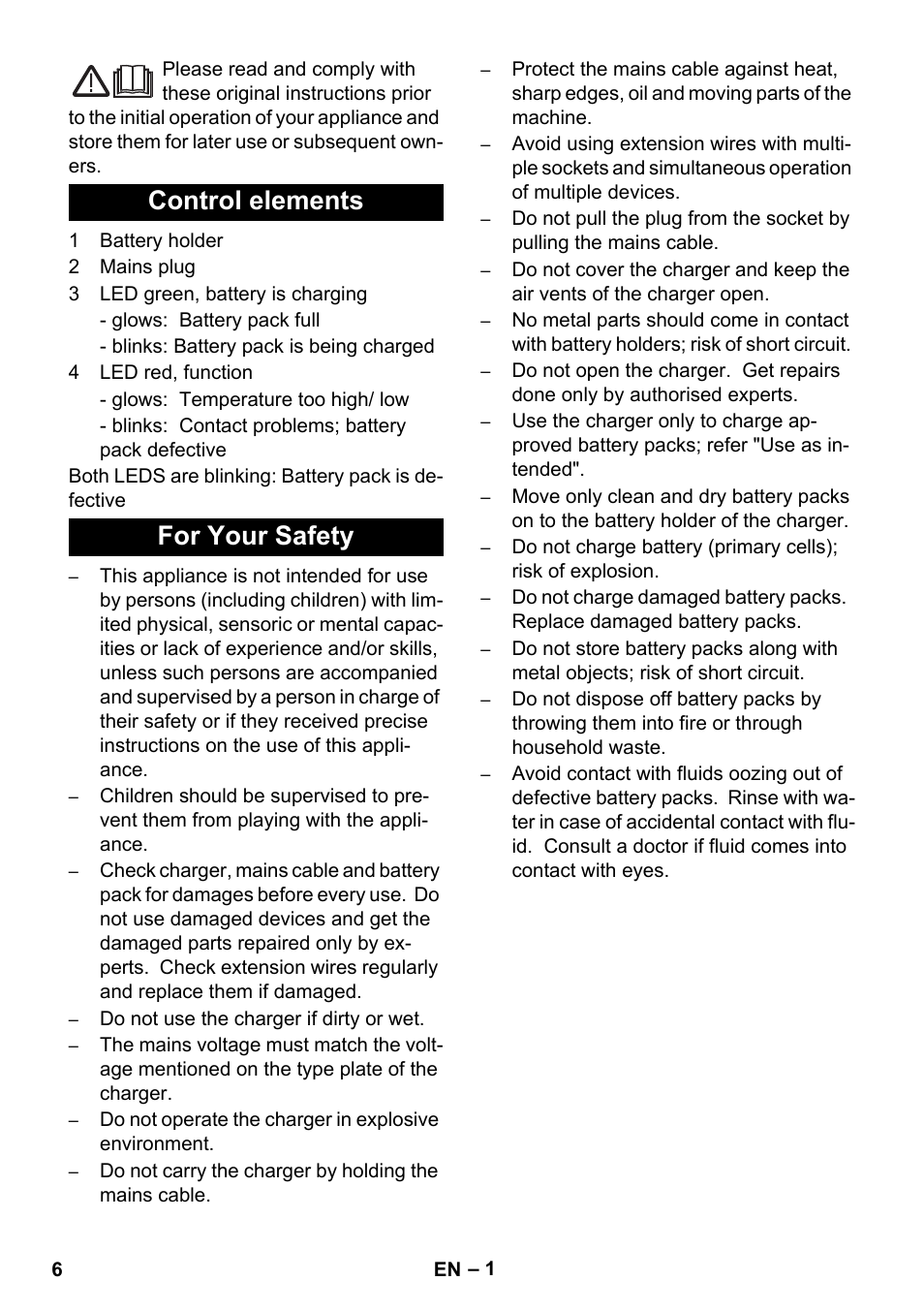 English, Control elements for your safety | Karcher KM 35-5 C User Manual | Page 6 / 84