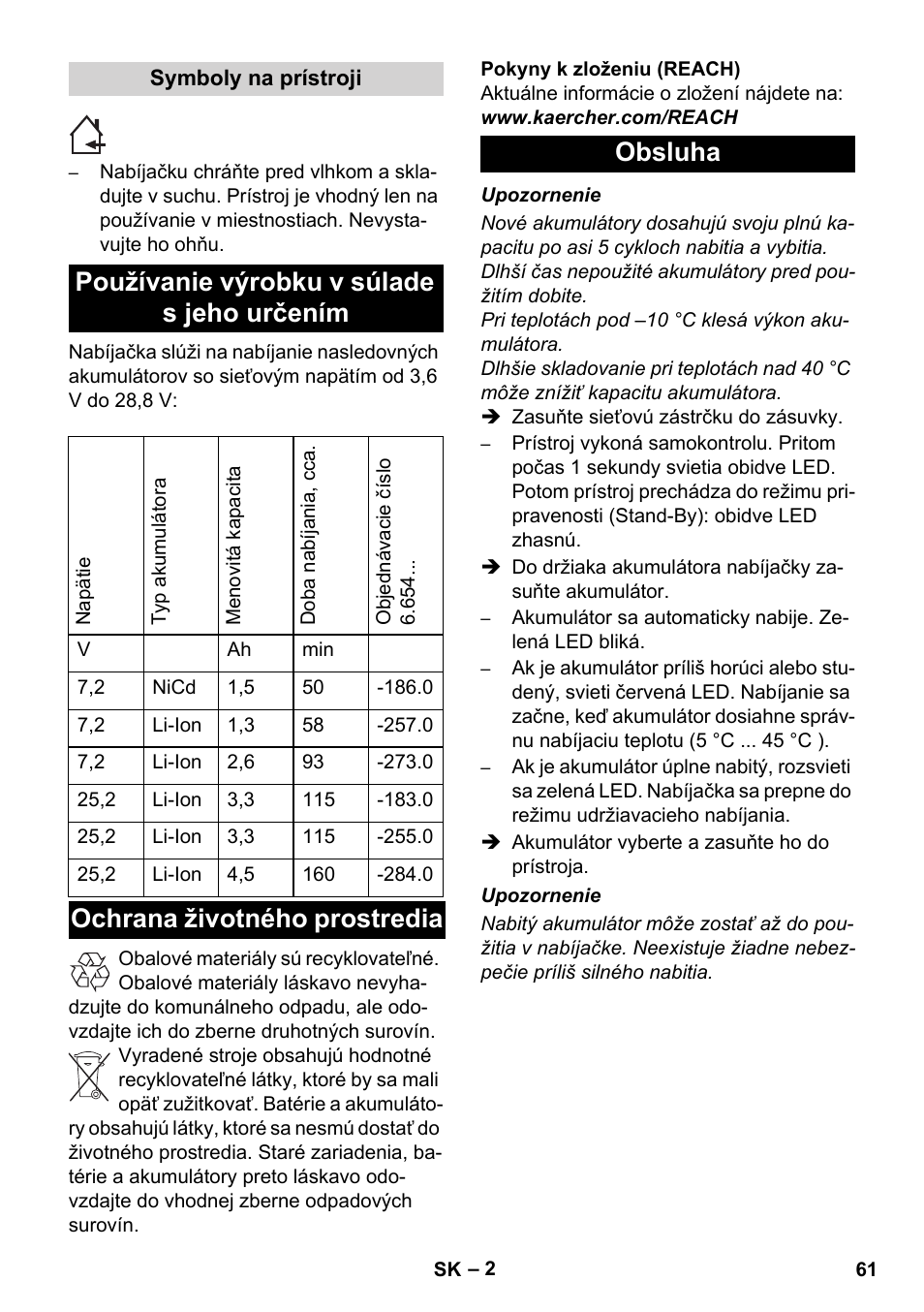 Používanie výrobku v súlade s jeho určením, Ochrana životného prostredia obsluha | Karcher KM 35-5 C User Manual | Page 61 / 84