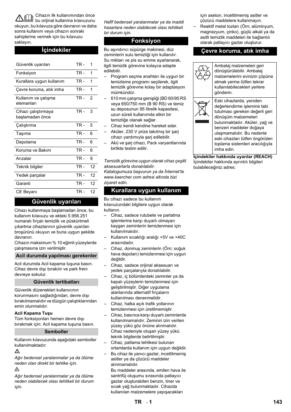 Içindekiler, Güvenlik uyarıları | Karcher B 95 RS Bp wet User Manual | Page 143 / 324